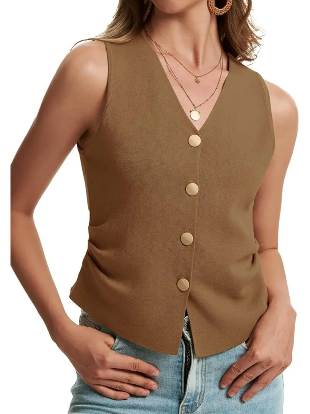 Women's Camel Sleeveless Button Up Knit Imported Casual Sweater Vest Tank Tops